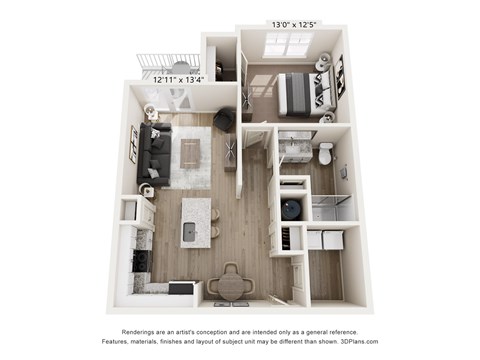 A 3D floor plan of a small apartment with a kitchen, living room, and two bedrooms.